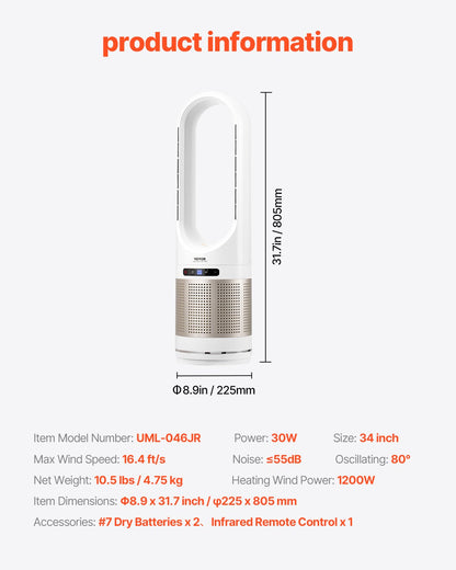 Tower Fan Bladeless, 16.4ft/s Velocity Floor Fan that Blows Cold Air, 80° Oscillating 8-Speed Fans, 8H Timer, Standing Fans with H13 HEPA Filtration, Remote Control & Air Purification Mode