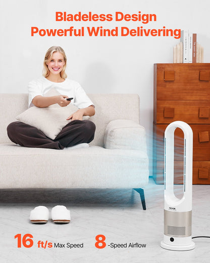Tower Fan Bladeless, 16 ft/s Velocity Quiet Floor Fan that Blows Cold & Heating Air, 80° Oscillating Fans with 8 Speeds, 9H Timer, Standing Fans with Remote Control for Bedroom, Office, Home