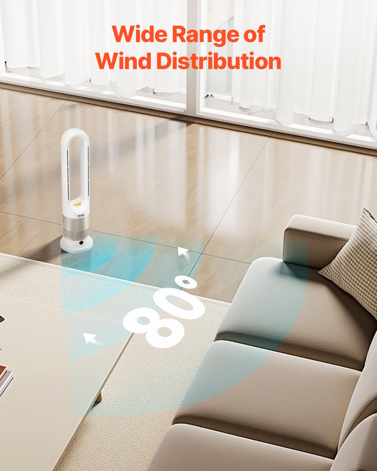 Tower Fan Bladeless, 16 ft/s Velocity Quiet Floor Fan that Blows Cold & Heating Air, 80° Oscillating Fans with 8 Speeds, 9H Timer, Standing Fans with Remote Control for Bedroom, Office, Home