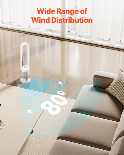 Tower Fan Bladeless, 16 ft/s Velocity Quiet Floor Fan that Blows Cold & Heating Air, 80° Oscillating Fans with 8 Speeds, 9H Timer, Standing Fans with Remote Control for Bedroom, Office, Home