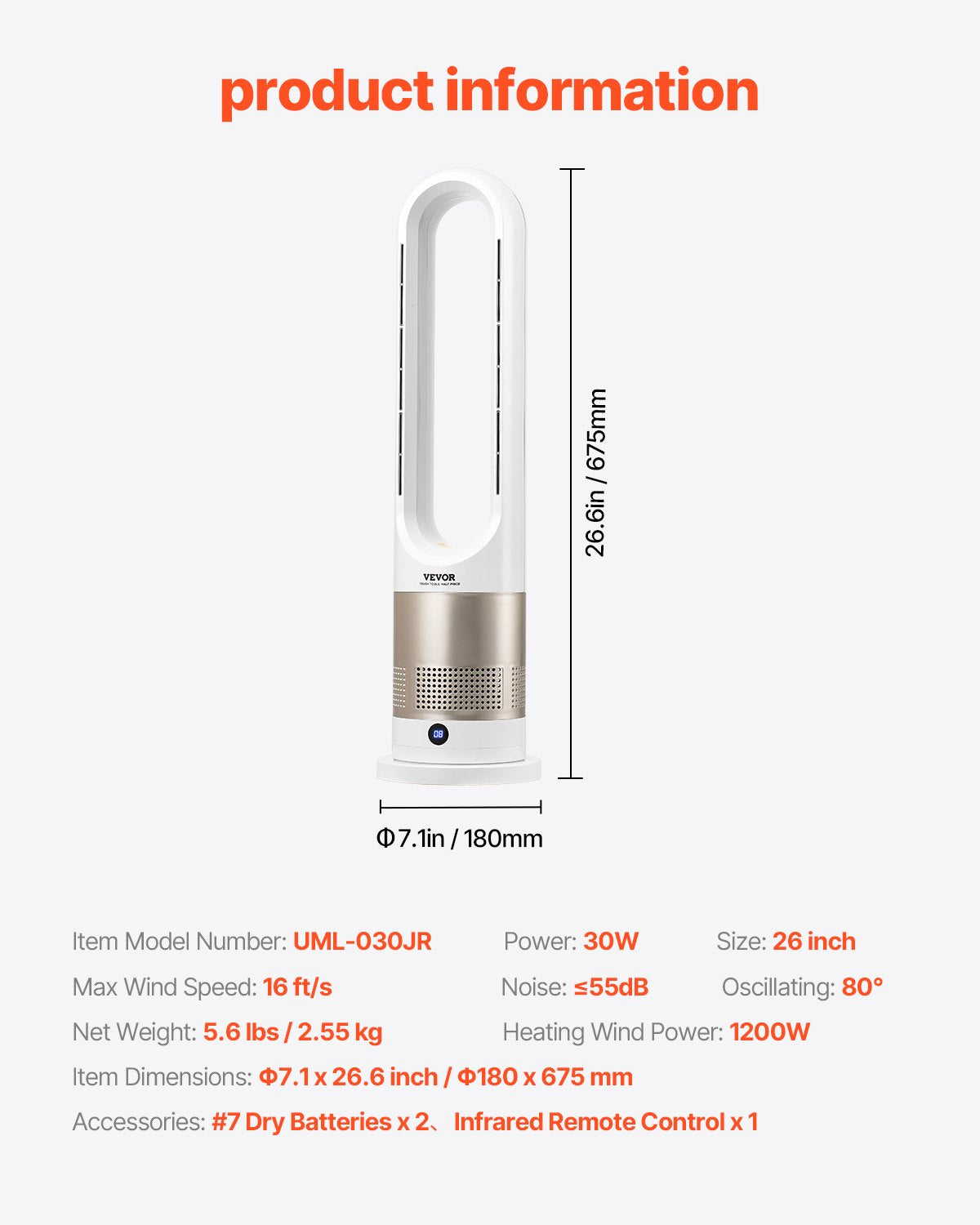 Tower Fan Bladeless, 16 ft/s Velocity Quiet Floor Fan that Blows Cold & Heating Air, 80° Oscillating Fans with 8 Speeds, 9H Timer, Standing Fans with Remote Control for Bedroom, Office, Home
