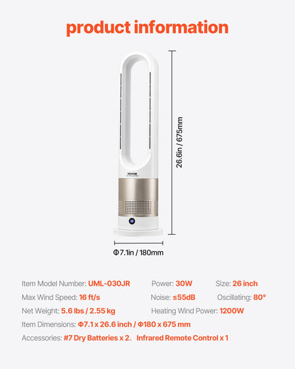 Tower Fan Bladeless, 16 ft/s Velocity Quiet Floor Fan that Blows Cold & Heating Air, 80° Oscillating Fans with 8 Speeds, 9H Timer, Standing Fans with Remote Control for Bedroom, Office, Home