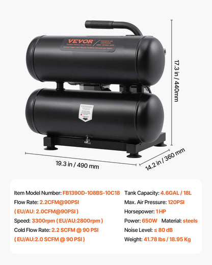 Air Compressor, 4.6 Gallon Steel Tank, 1HP 2.2 CFM@90 PSI Oil Free Air Compressor & Max. 120PSI Pressure, 80dB Ultra Quiet Portable Compressor, for Auto Repair, Tire Inflation, Spray Painting
