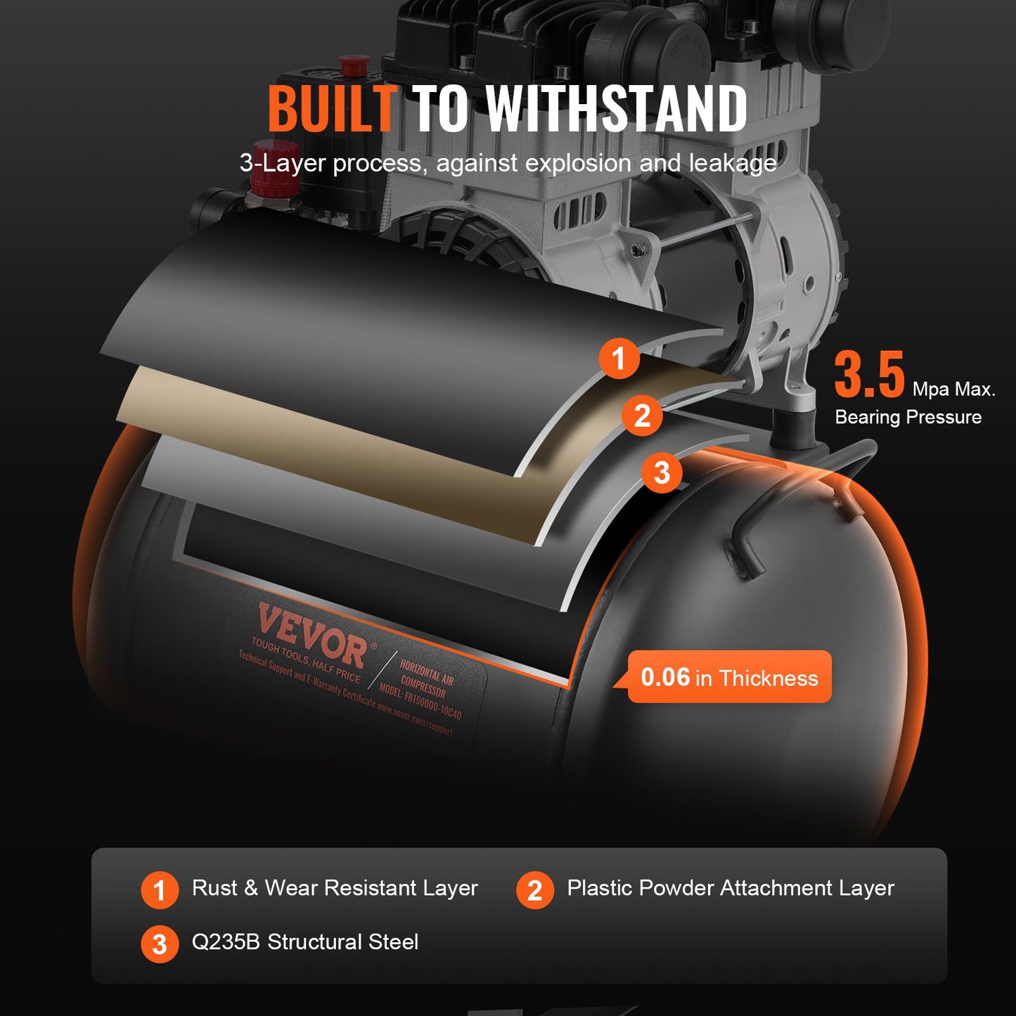 Luftkompressor, kompakt, tragbar, ölfrei, 10 Gallonen, 90 PSI