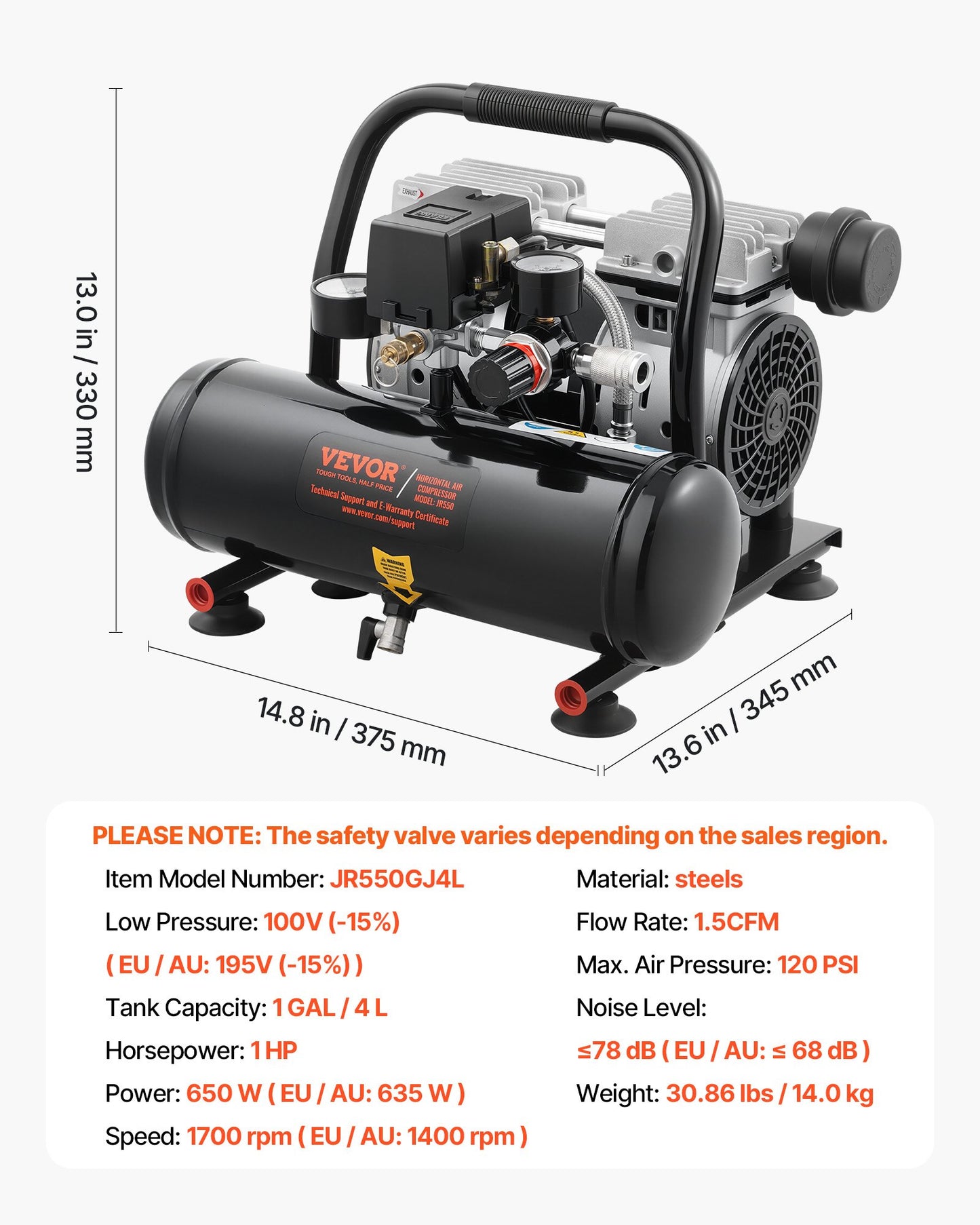 Air Compressor, 1 Gallon Steel Tank, 1HP 1.5 CFM 90PSI Oil Free Air Compressor & Max. 120PSI Pressure, 78dB Ultra Quiet Portable Compressor, for Auto Repair, Tire Inflation, Spray Painting