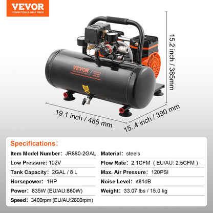 Air Compressor Compact Portable Oil Free Compressor 2 Gallon 8bar