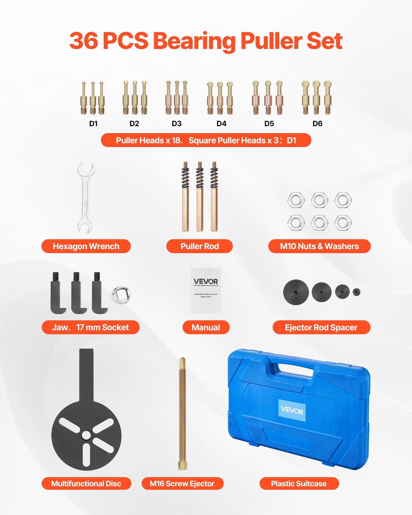 36-in-1 Bearing Puller Set, 36 PCS 3-Jaw Hook Puller for Internal External Bearings and Bearing Without Inner Shaft, Multifunctional Bearing Removal Tool with Heavy Duty Portable Storage Case