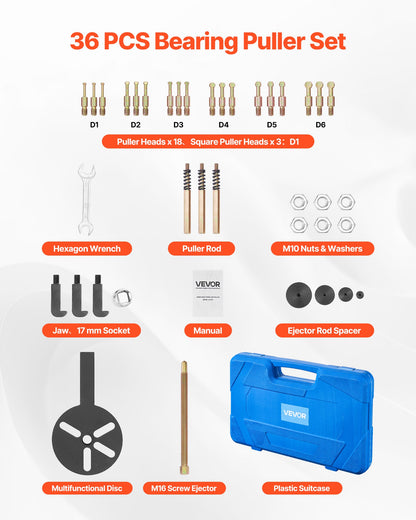 36-in-1 Bearing Puller Set, 36 PCS 3-Jaw Hook Puller for Internal External Bearings and Bearing Without Inner Shaft, Multifunctional Bearing Removal Tool with Heavy Duty Portable Storage Case