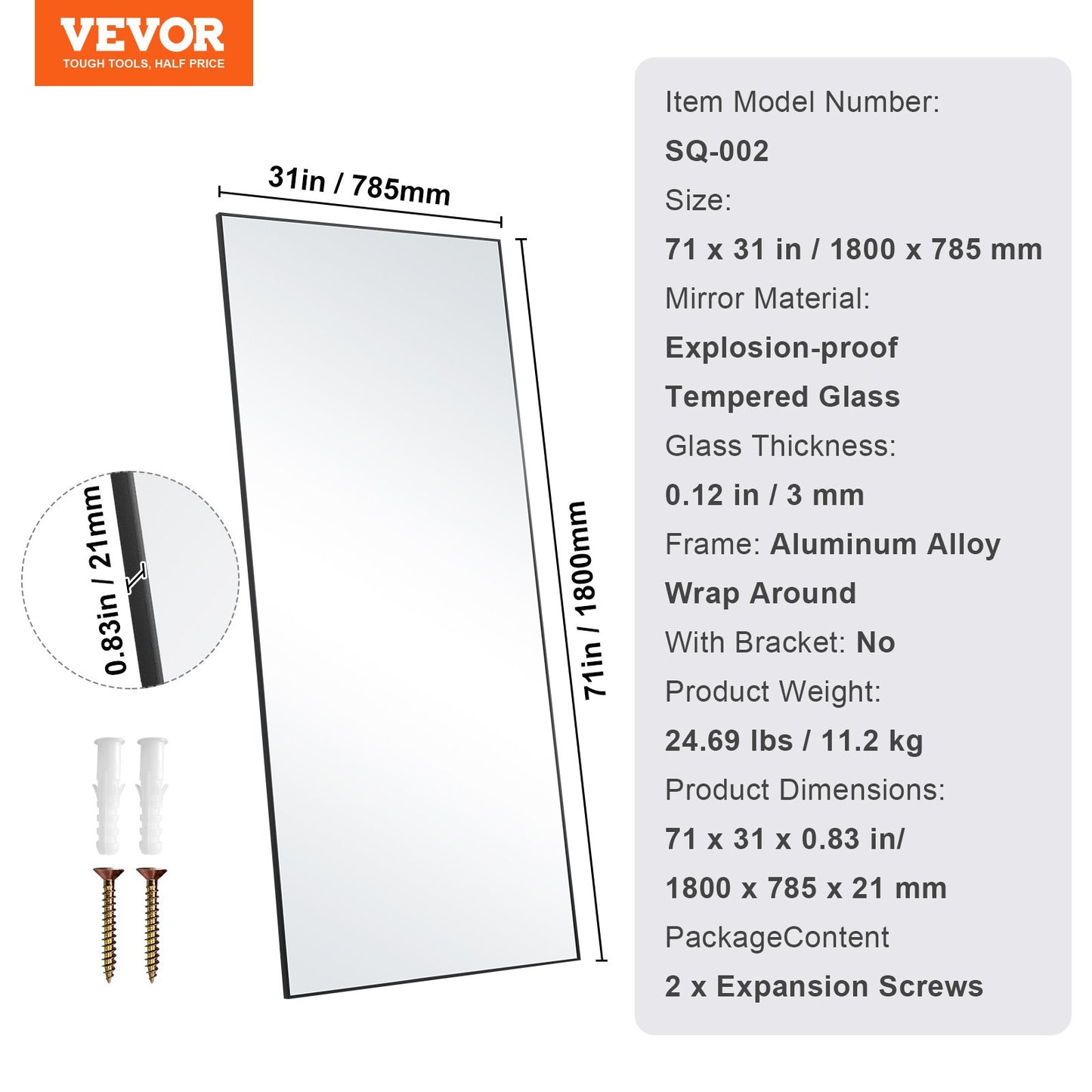 Full Length Floor Mirror 71'' x 31'' Freestanding Wall Mounted Tempered