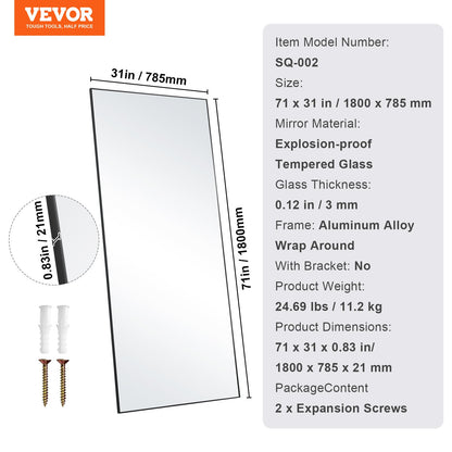 Full Length Floor Mirror 71'' x 31'' Freestanding Wall Mounted Tempered