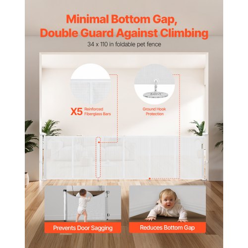 Infällbar Barngrind, 870 mm Hög, Kan Utfällas Upp Till 2800 mm Bredd, Infällbar Grind För Barn Eller Husdjur, Nätmaterial, Enkel Att Installera För Inomhustrappor, Dörröppningar, Hallar, Lekrum, Vit |  EU
