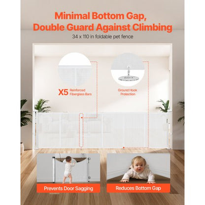 Infällbar Barngrind, 870 mm Hög, Kan Utfällas Upp Till 2800 mm Bredd, Infällbar Grind För Barn Eller Husdjur, Nätmaterial, Enkel Att Installera För Inomhustrappor, Dörröppningar, Hallar, Lekrum, Vit |  EU