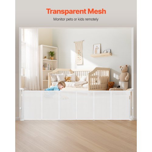 Infällbar Barngrind, 870 mm Hög, Kan Utfällas Upp Till 2800 mm Bredd, Infällbar Grind För Barn Eller Husdjur, Nätmaterial, Enkel Att Installera För Inomhustrappor, Dörröppningar, Hallar, Lekrum, Vit |  EU
