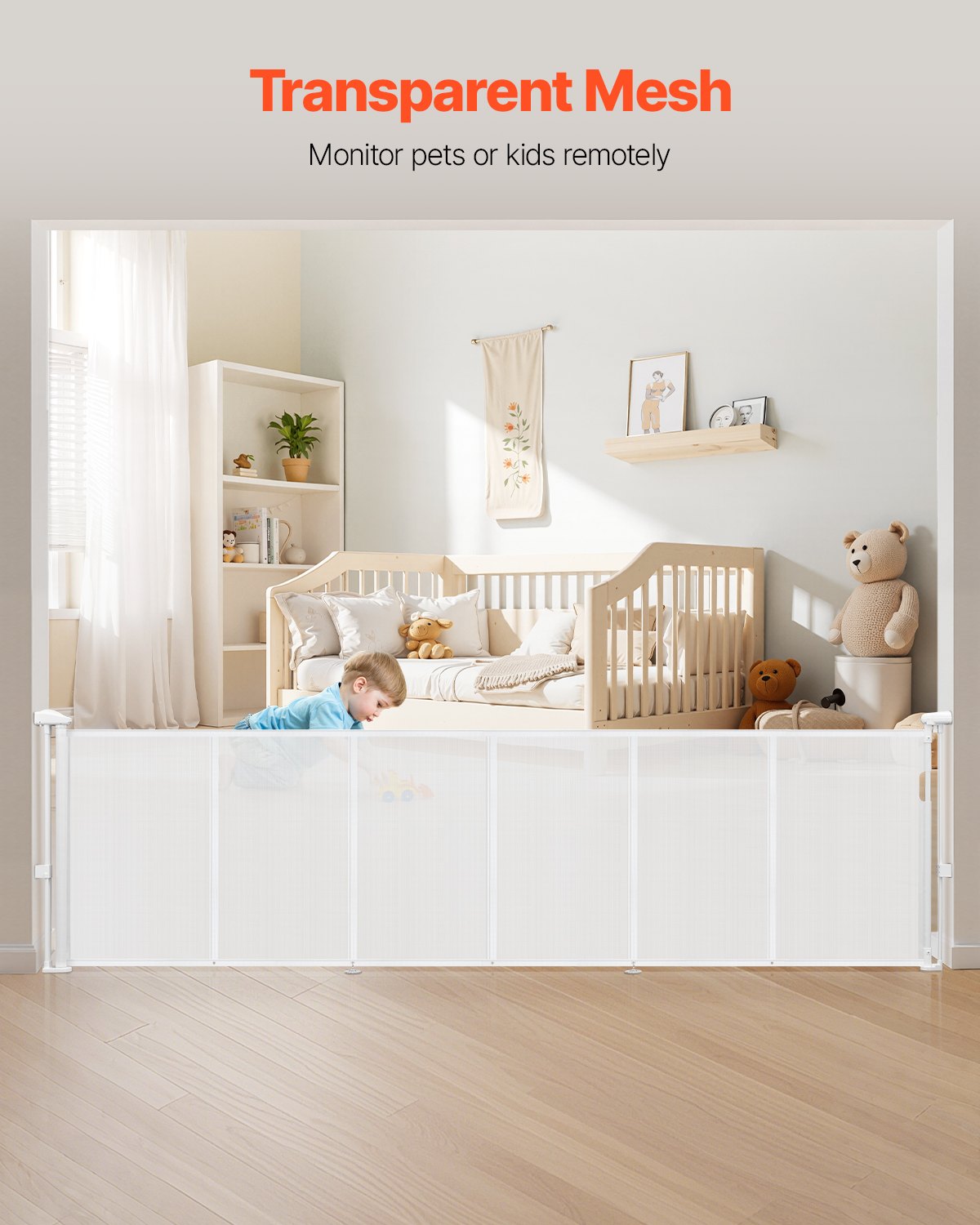 Retractable Baby Gate, 34 inch Tall, Extends up to 110 inch Wide, Retractable Gate for Kids or Pets, Mesh Material, Easy to Install for Indoor Stairs, Doorways, Hallways, Playrooms, White
