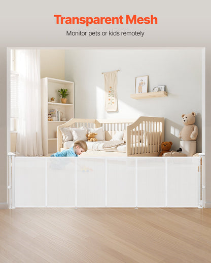 Retractable Baby Gate, 34 inch Tall, Extends up to 110 inch Wide, Retractable Gate for Kids or Pets, Mesh Material, Easy to Install for Indoor Stairs, Doorways, Hallways, Playrooms, White