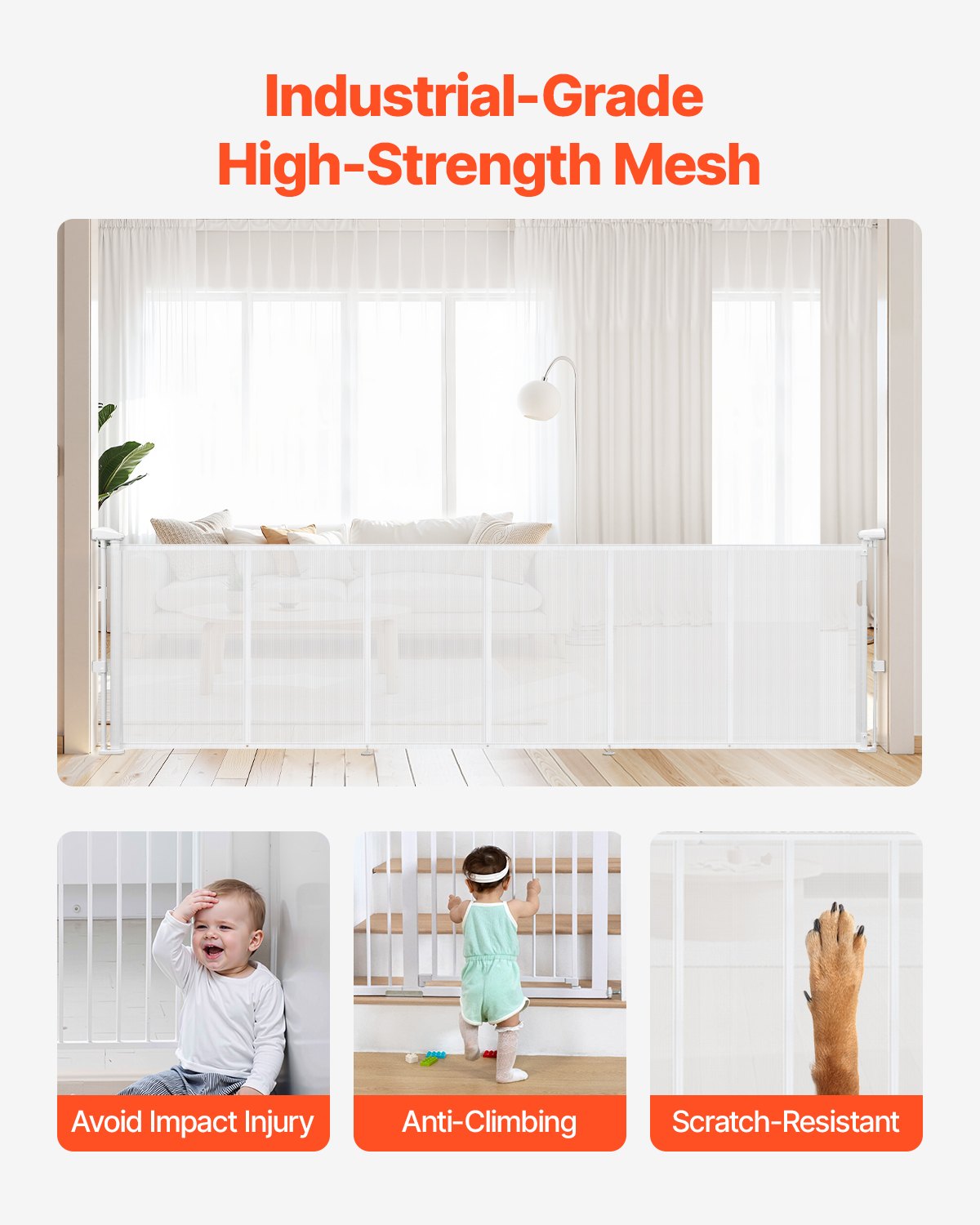 Retractable Baby Gate, 34 inch Tall, Extends up to 110 inch Wide, Retractable Gate for Kids or Pets, Mesh Material, Easy to Install for Indoor Stairs, Doorways, Hallways, Playrooms, White