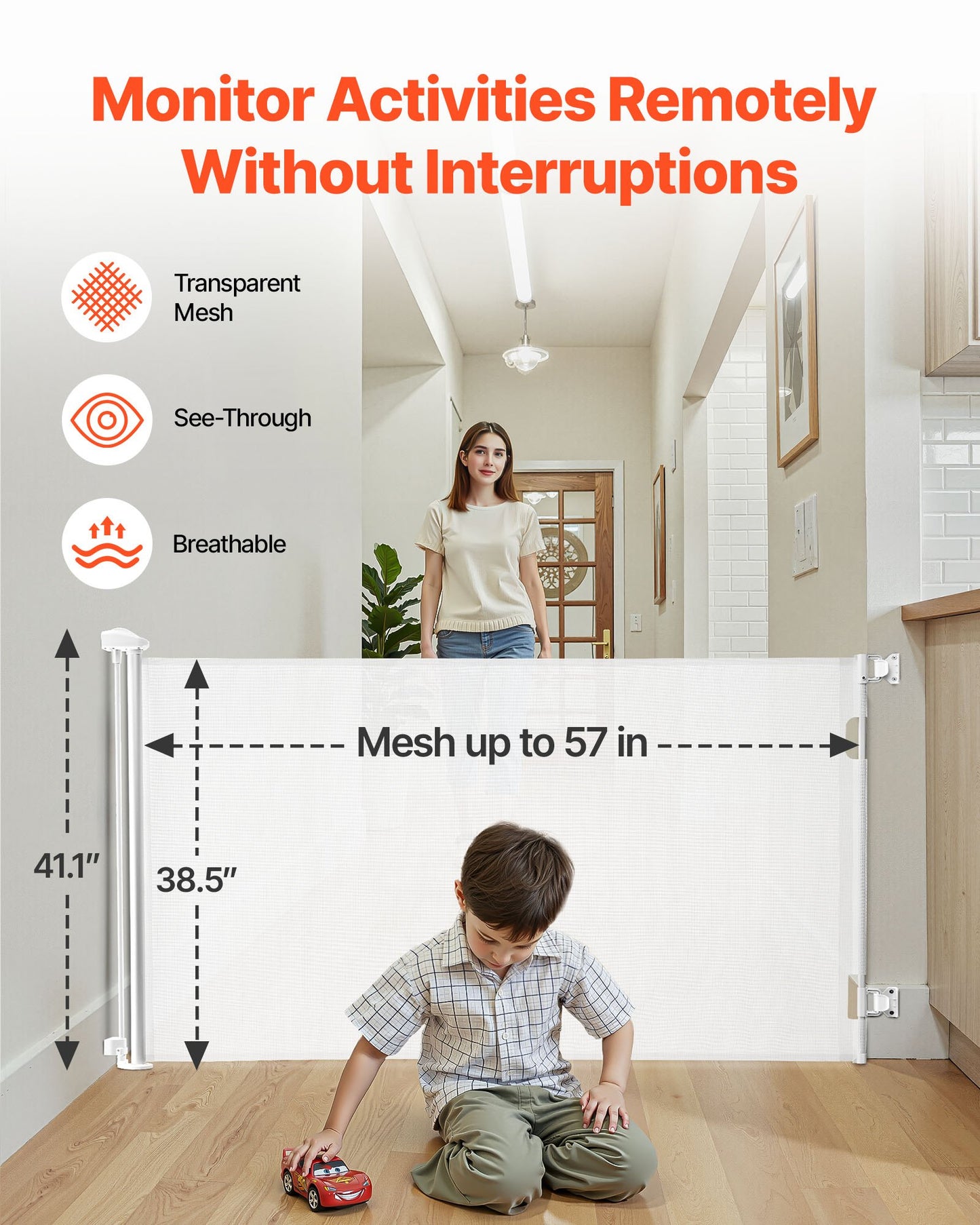 Retractable Baby Gate, Extends to 57 inch Wide, 38.5 inch Tall, with Security Lock, Easy to Use, Walk Through Without Tripping, Mesh Dog Gate for Stairs, Hallways, Indoor/Outdoor, White