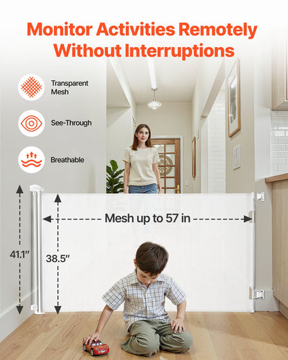 Retractable Baby Gate, Extends to 57 inch Wide, 38.5 inch Tall, with Security Lock, Easy to Use, Walk Through Without Tripping, Mesh Dog Gate for Stairs, Hallways, Indoor/Outdoor, White