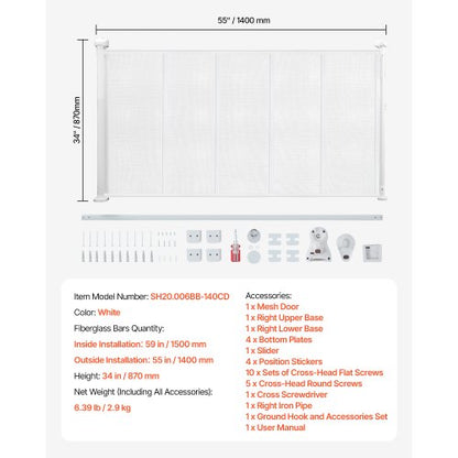 Einziehbares Babygitter 870 mm hoch Ausziehbar auf 1400 mm Breite Kinder Haustiere Weiß | EU