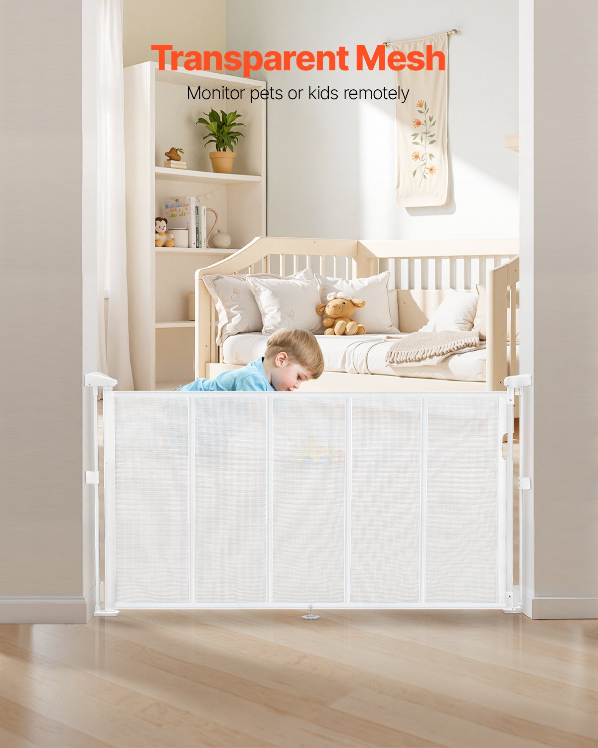 Retractable Baby Gate, 34 inch Tall, Extends up to 55 inch Wide, Retractable Gate for Kids or Pets, Mesh Material, Easy to Install for Indoor Stairs, Doorways, Hallways, Playrooms, White