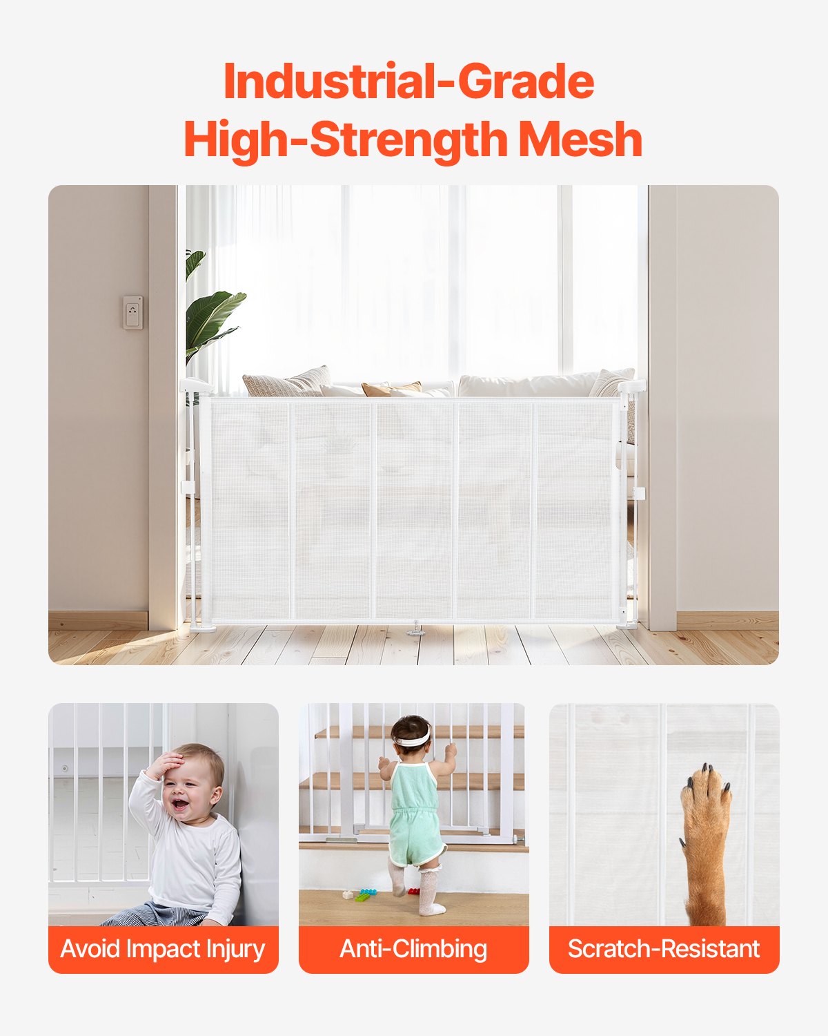 Retractable Baby Gate, 34 inch Tall, Extends up to 55 inch Wide, Retractable Gate for Kids or Pets, Mesh Material, Easy to Install for Indoor Stairs, Doorways, Hallways, Playrooms, White