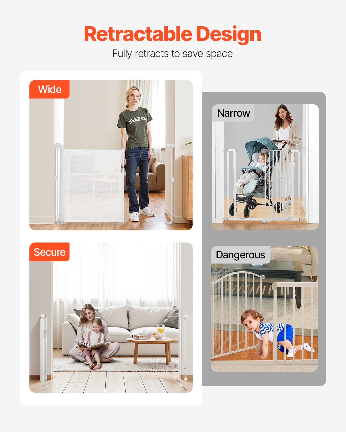 Retractable Baby Gate, 34 inch Tall, Extends up to 55 inch Wide, Retractable Gate for Kids or Pets, Mesh Material, Easy to Install for Indoor Stairs, Doorways, Hallways, Playrooms, White