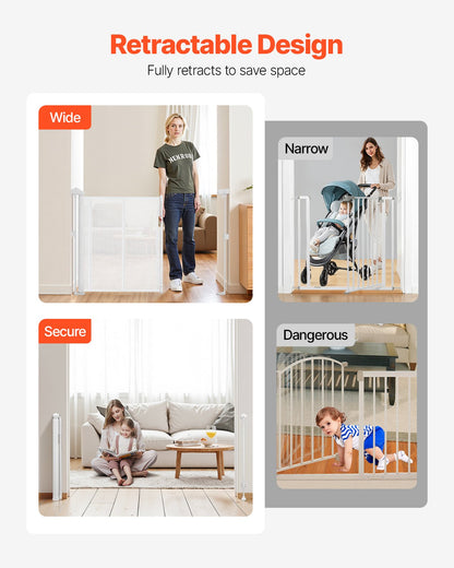 Retractable Baby Gate, 34 inch Tall, Extends up to 55 inch Wide, Retractable Gate for Kids or Pets, Mesh Material, Easy to Install for Indoor Stairs, Doorways, Hallways, Playrooms, White