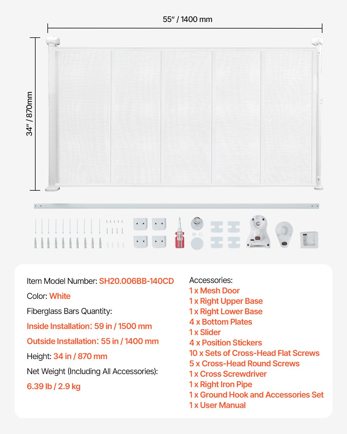 Retractable Baby Gate, 34 inch Tall, Extends up to 55 inch Wide, Retractable Gate for Kids or Pets, Mesh Material, Easy to Install for Indoor Stairs, Doorways, Hallways, Playrooms, White