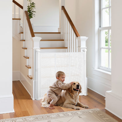 Retractable Baby Gate, 34 inch Tall, Extends up to 55 inch Wide, Retractable Gate for Kids or Pets, Mesh Material, Easy to Install for Indoor Stairs, Doorways, Hallways, Playrooms, White