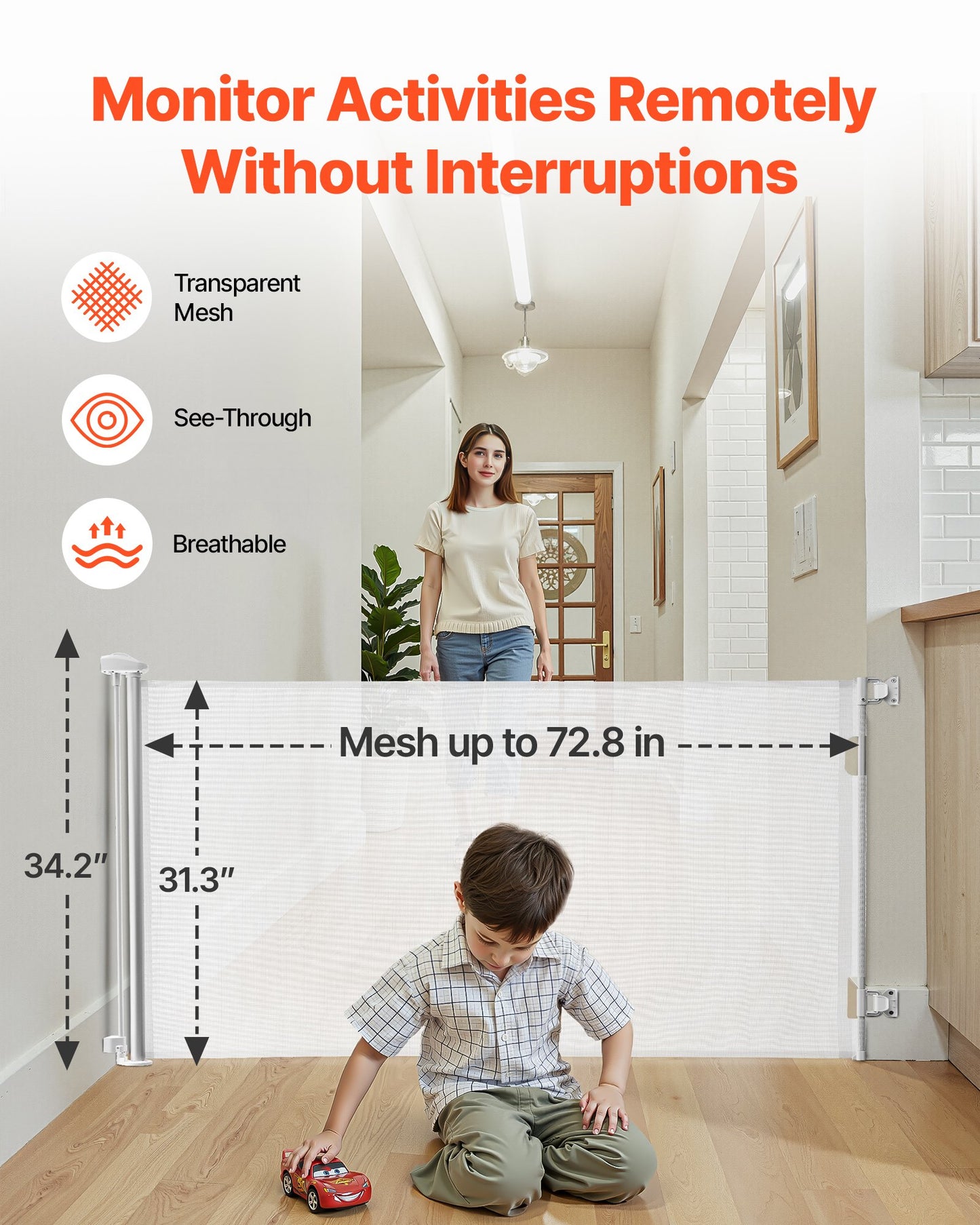 Retractable Baby Gate, Extends to 72.8 inch Wide, 31.3 inch Tall, with Security Lock, Easy to Use, Walk Through Without Tripping, Mesh Dog Gate for Stairs, Hallways, Indoor/Outdoor, White