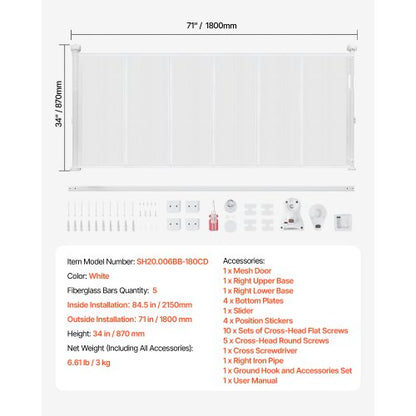 Retractable Baby Gate 870 mm High Extendable to 1800 mm Width Children Pets White