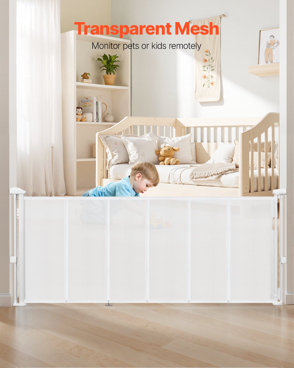 Retractable Baby Gate, 34 inch Tall, Extends up to 71 inch Wide, Retractable Gate for Kids or Pets, Mesh Material, Easy to Install for Indoor Stairs, Doorways, Hallways, Playrooms, White