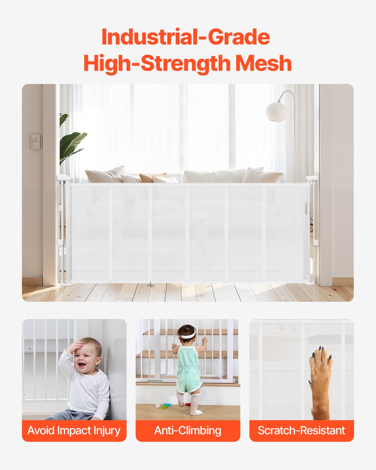 Retractable Baby Gate, 34 inch Tall, Extends up to 71 inch Wide, Retractable Gate for Kids or Pets, Mesh Material, Easy to Install for Indoor Stairs, Doorways, Hallways, Playrooms, White
