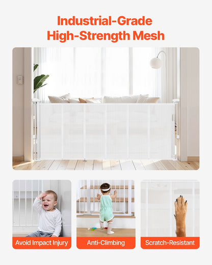 Retractable Baby Gate, 34 inch Tall, Extends up to 71 inch Wide, Retractable Gate for Kids or Pets, Mesh Material, Easy to Install for Indoor Stairs, Doorways, Hallways, Playrooms, White