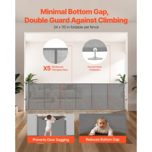 Infällbar Barngrind, 870 mm Hög, Kan Utfällas Upp Till 2800 mm Bred, Infällbar Grind För Barn Eller Husdjur, Nätmaterial, Enkel Att Installera För Inomhustrappor, Dörröppningar, Hallar, Lekrum, Grå |  EU