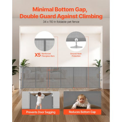 Infällbar Barngrind, 870 mm Hög, Kan Utfällas Upp Till 2800 mm Bred, Infällbar Grind För Barn Eller Husdjur, Nätmaterial, Enkel Att Installera För Inomhustrappor, Dörröppningar, Hallar, Lekrum, Grå |  EU