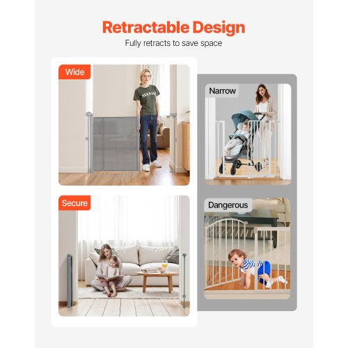 Infällbar Barngrind, 870 mm Hög, Kan Utfällas Upp Till 2800 mm Bred, Infällbar Grind För Barn Eller Husdjur, Nätmaterial, Enkel Att Installera För Inomhustrappor, Dörröppningar, Hallar, Lekrum, Grå |  EU