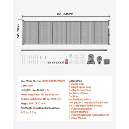 Infällbar Barngrind, 870 mm Hög, Kan Utfällas Upp Till 2800 mm Bred, Infällbar Grind För Barn Eller Husdjur, Nätmaterial, Enkel Att Installera För Inomhustrappor, Dörröppningar, Hallar, Lekrum, Grå |  EU