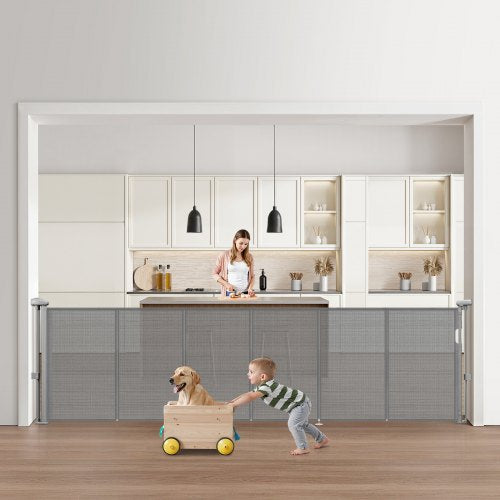 Infällbar Barngrind, 870 mm Hög, Kan Utfällas Upp Till 2800 mm Bred, Infällbar Grind För Barn Eller Husdjur, Nätmaterial, Enkel Att Installera För Inomhustrappor, Dörröppningar, Hallar, Lekrum, Grå |  EU