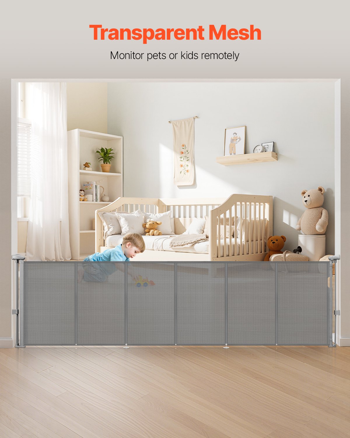 Retractable Baby Gate, 34 inch Tall, Extends up to 110 inch Wide, Retractable Gate for Kids or Pets, Mesh Material, Easy to Install for Indoor Stairs, Doorways, Hallways, Playrooms, Gray