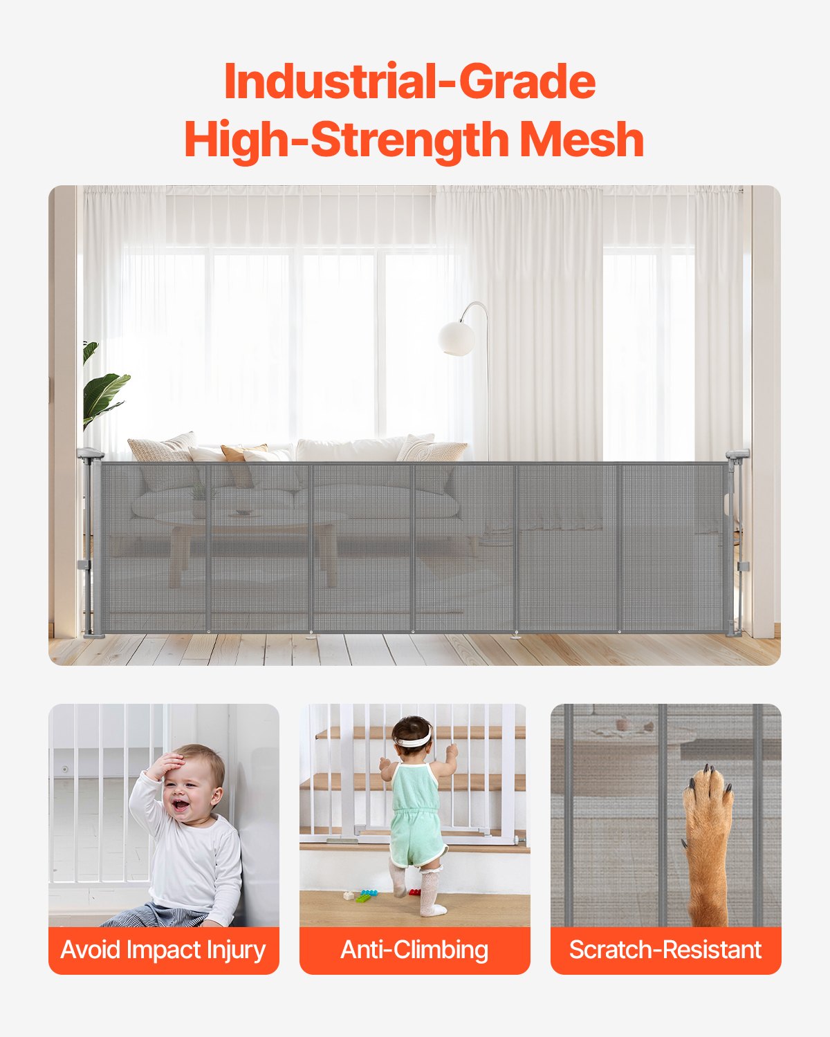 Retractable Baby Gate, 34 inch Tall, Extends up to 110 inch Wide, Retractable Gate for Kids or Pets, Mesh Material, Easy to Install for Indoor Stairs, Doorways, Hallways, Playrooms, Gray