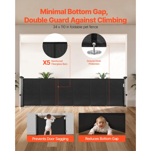 Retractable Baby Gate 870 mm High Extendable to 2800 mm Width Children Pets Black