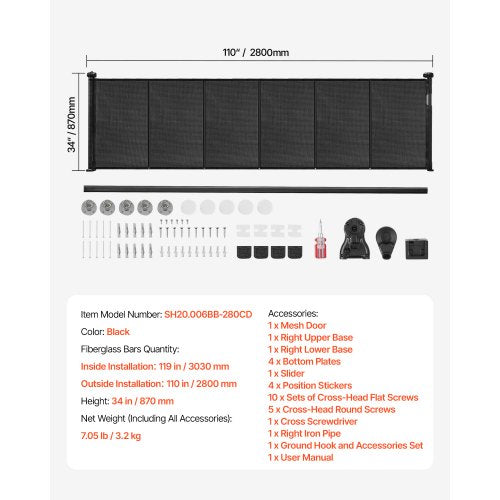 Retractable Baby Gate 870 mm High Extendable to 2800 mm Width Children Pets Black