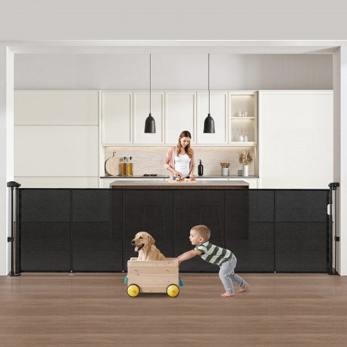 Retractable Baby Gate 870 mm High Extendable to 2800 mm Width Children Pets Black