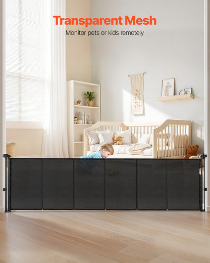 Retractable Baby Gate, 34 inch Tall, Extends up to 110 inch Wide, Retractable Gate for Kids or Pets, Mesh Material, Easy to Install for Indoor Stairs, Doorways, Hallways, Playrooms, Black