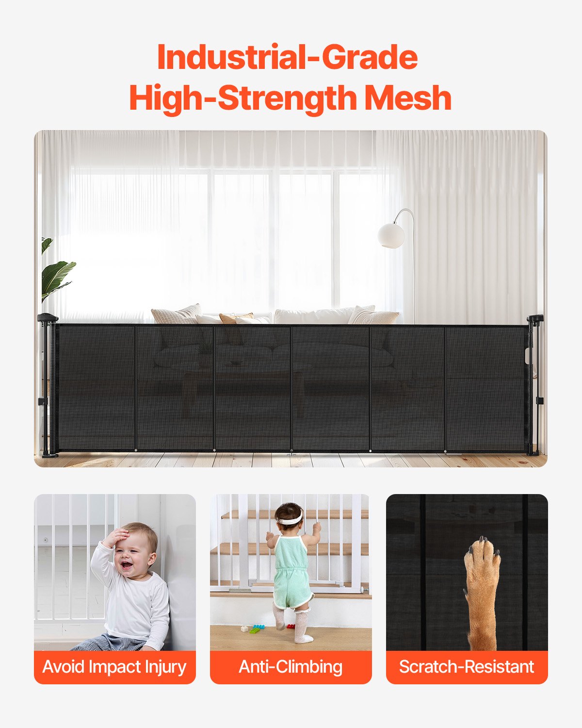 Retractable Baby Gate, 34 inch Tall, Extends up to 110 inch Wide, Retractable Gate for Kids or Pets, Mesh Material, Easy to Install for Indoor Stairs, Doorways, Hallways, Playrooms, Black