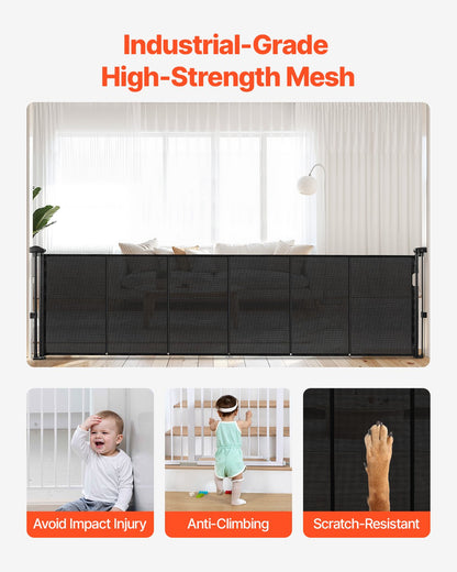 Retractable Baby Gate, 34 inch Tall, Extends up to 110 inch Wide, Retractable Gate for Kids or Pets, Mesh Material, Easy to Install for Indoor Stairs, Doorways, Hallways, Playrooms, Black