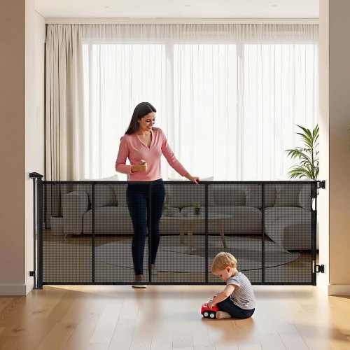 Retractable Baby Gate, Extends to 122 inch Extra Wide, 31.3 inch Tall, with Reinforced Fiberglass Strips, Avoids Crawling Through, Mesh Dog Gate for Decks, Doorways, Garages, Indoor, Black