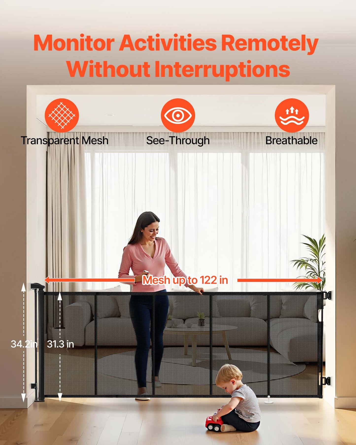 Retractable Baby Gate, Extends to 122 inch Extra Wide, 31.3 inch Tall, with Reinforced Fiberglass Strips, Avoids Crawling Through, Mesh Dog Gate for Decks, Doorways, Garages, Indoor, Black