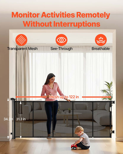 Retractable Baby Gate, Extends to 122 inch Extra Wide, 31.3 inch Tall, with Reinforced Fiberglass Strips, Avoids Crawling Through, Mesh Dog Gate for Decks, Doorways, Garages, Indoor, Black